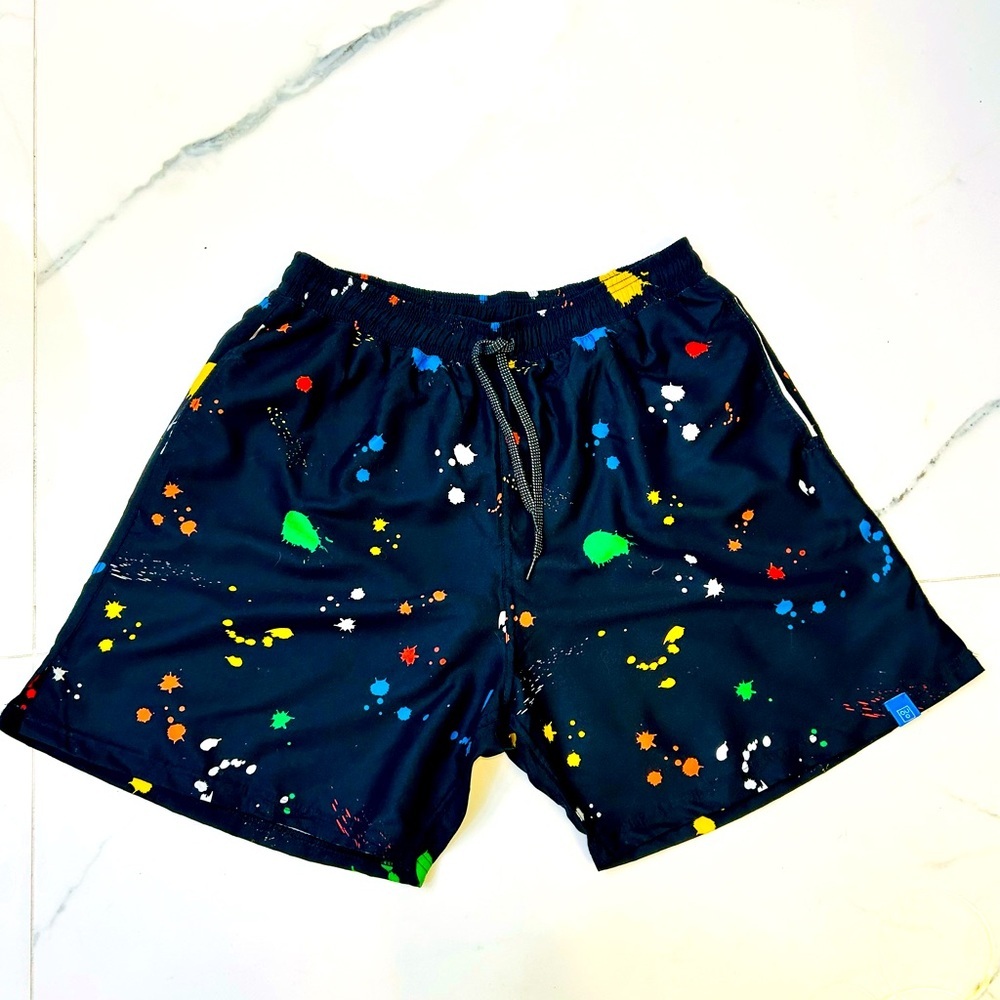 Black and multicoloured paint splatter shorts with elasticated waist